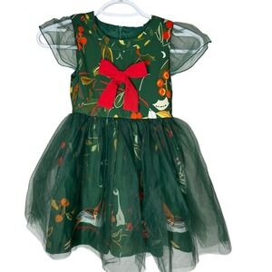 Mini Taylor Girls Green Holiday Dress Sz 4 5 Tulle Birds Holly‎ Bow Formal